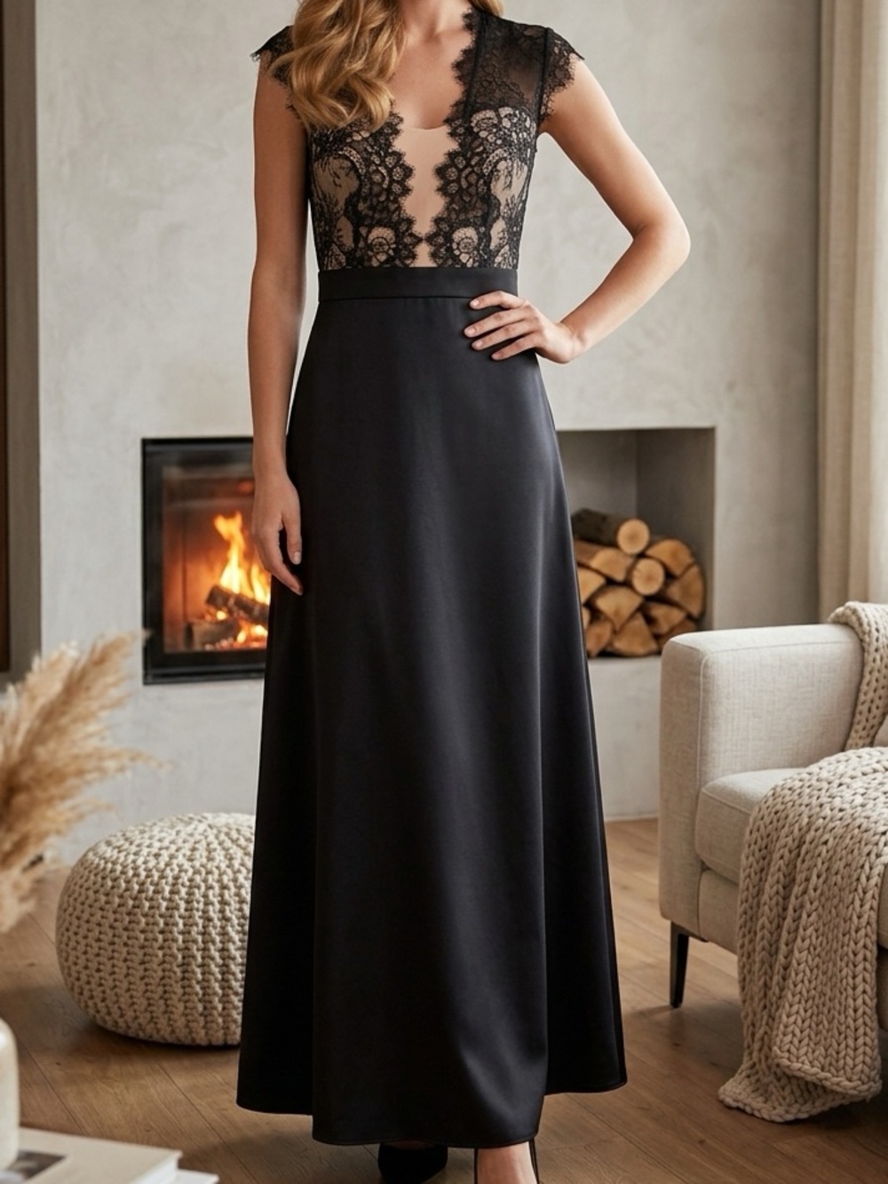 Elegant Black Lace & Satin Evening Dress – Deep V Lace Bodice, Open Back, Formal